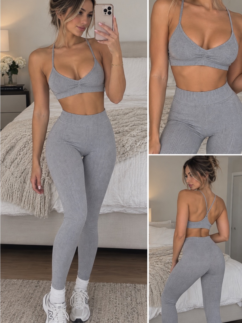 Alo yoga Seamless Ribbed High-Waist Leggings & Bralette Set - Gray